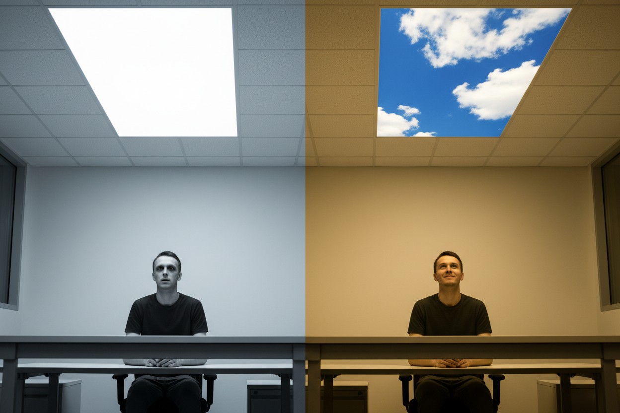 Before and after – flat LED vs Solance sky panel in office