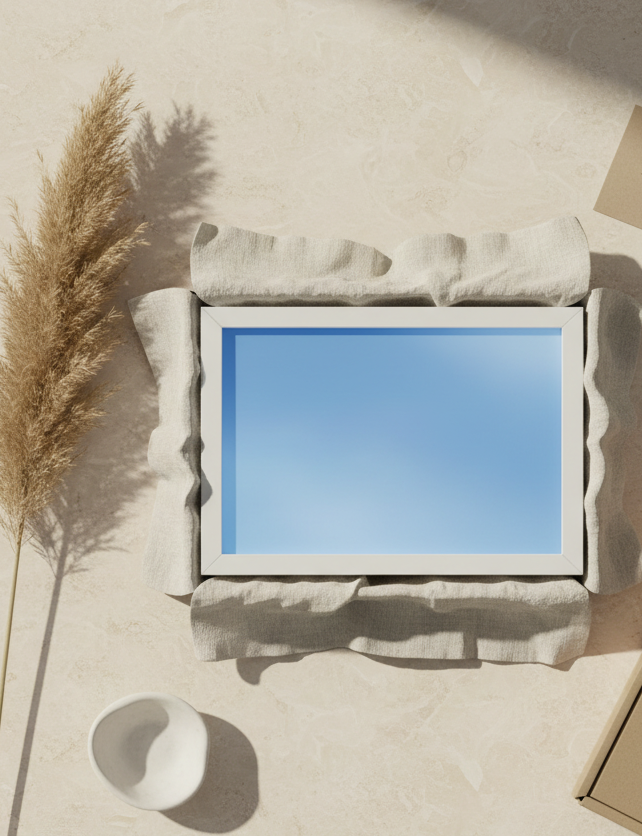 Solance sky panel unboxing – travertine flat lay